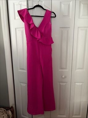 Women’s Hot Pink Ruffle V-Neck Jumpsuit